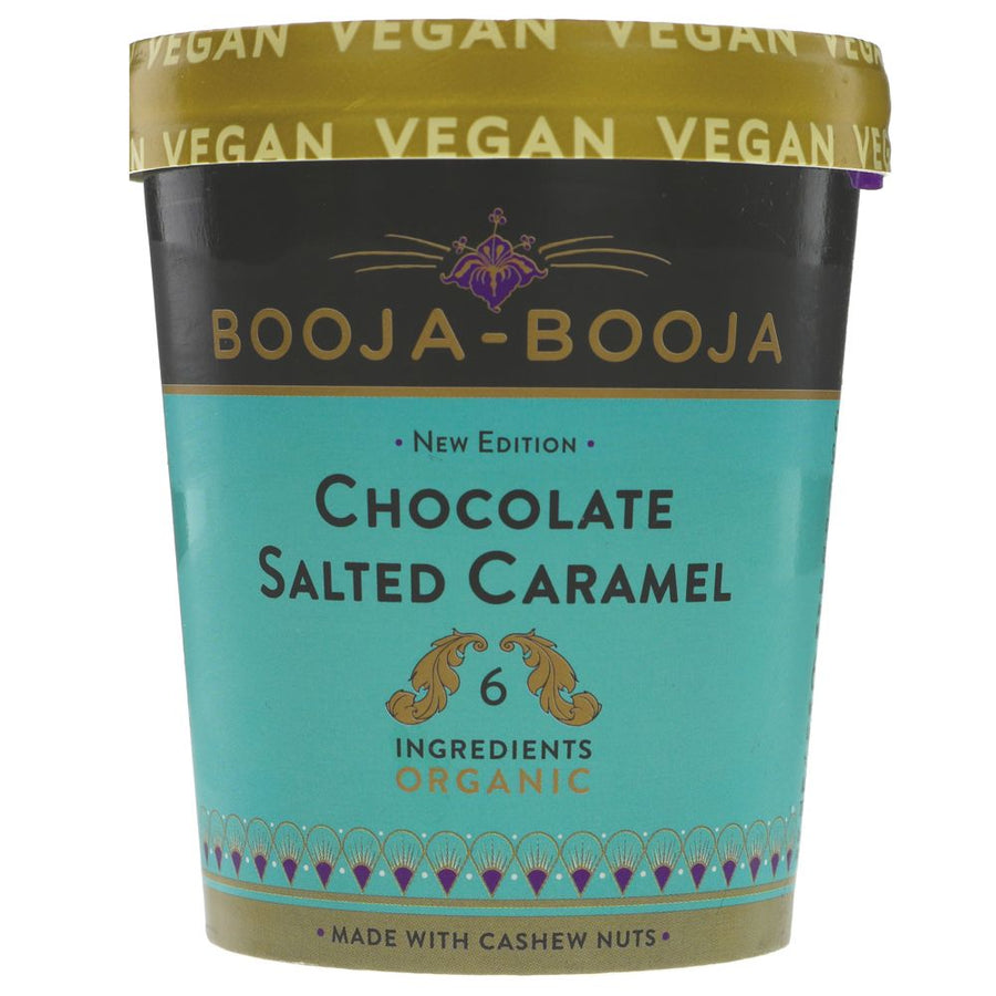 large tub of booja booja chocolate salted caramel ice cream