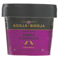 single serving of deeply chocolate ice cream. purple tub with a black lid