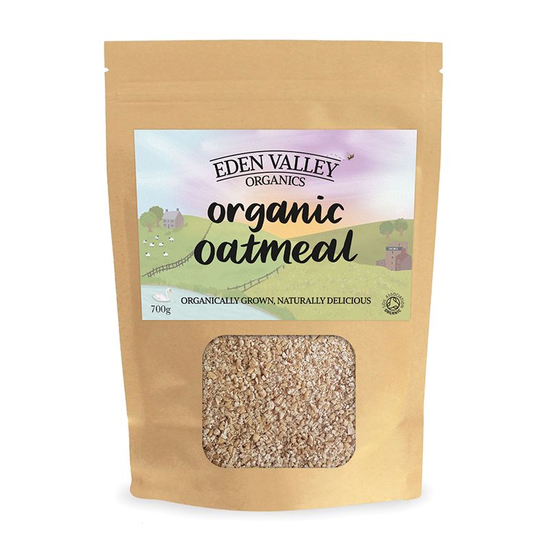 Brown packet of organic oatmeal. Made in Scotland