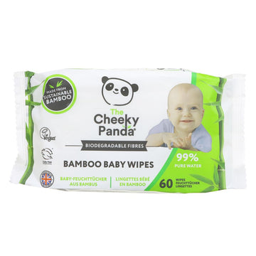 Pack of 60 wet wipes by Cheeky Panda. Smiling baby on the packaging. Made from bamboo