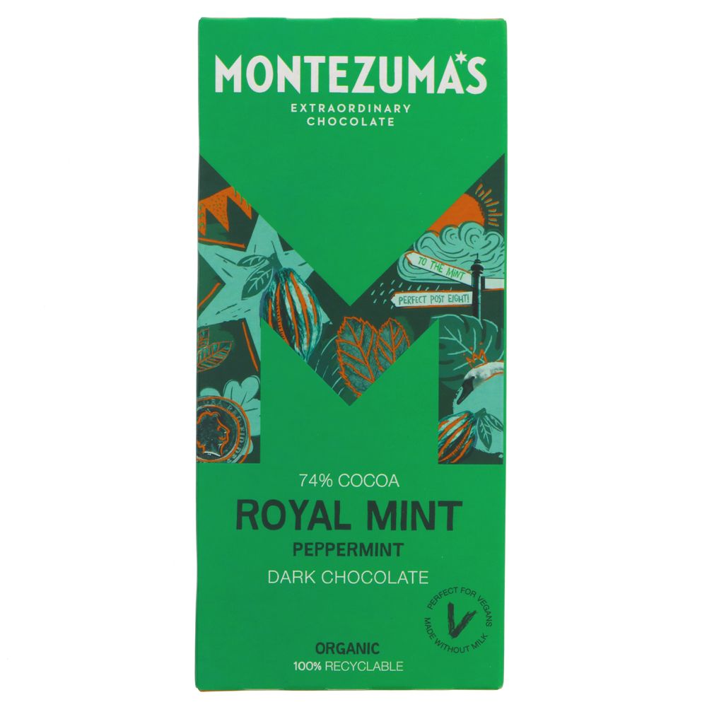 Royal Mint - 74% dark chocolate & peppermint, Montezuma Innovative British Chocolate, from the 'Organic Bars' range. A brilliant classic combination of mintiness with rich dark chocolate. Perfect for anytime, not just after eight! 90g