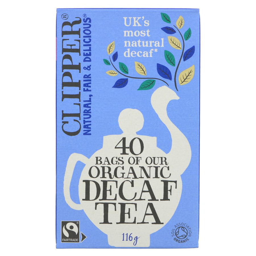 Decaf Tea. Organic and Fairtrade. Naturally Decaffeinated- No nasties, chemicals or GMOs. Plactic free, unbleached,delicious. 40 bags.