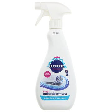 Photos show a white spray bottle containing ecozone tough limescale remover. 