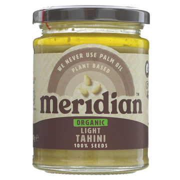 A jar of organic light tahini. Made from sesame seeds