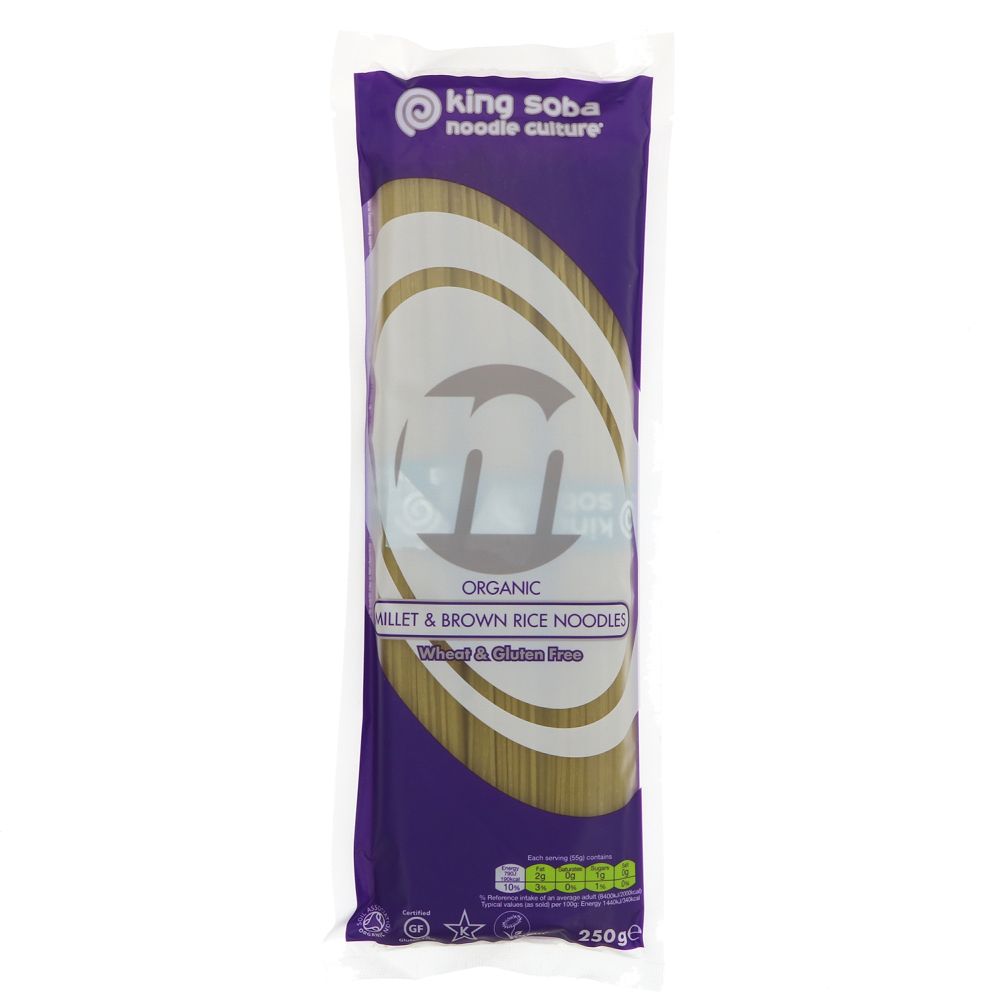 A packet of organic millet and brown rice noodles. Wheat & gluten free