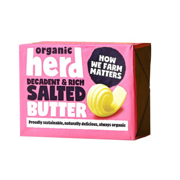 beautiful bright pink packaging. butter produced by Organic Herd