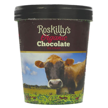 a tub of Roskilly's chocolate ice cream . cute cow on the front of packaging