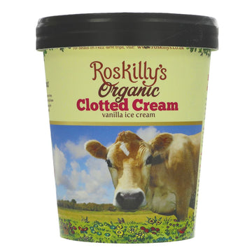 Tub of Roskilly's vanilla ice cream. Cute cow on the front