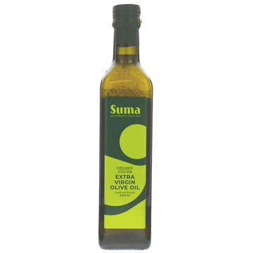 green glass bottle with green labelling. organic extra virgin olive oil