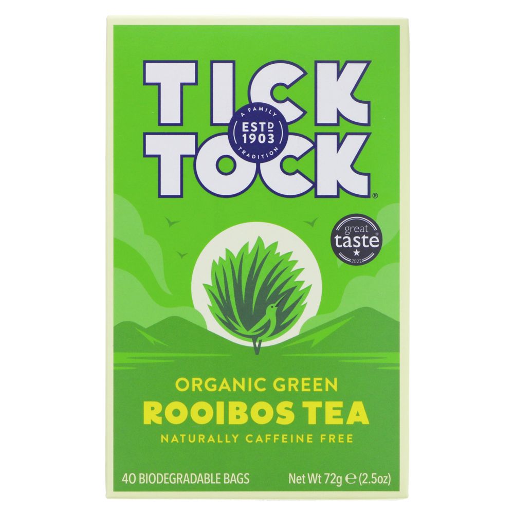 bright lime green box of tick tock rooibos green tea