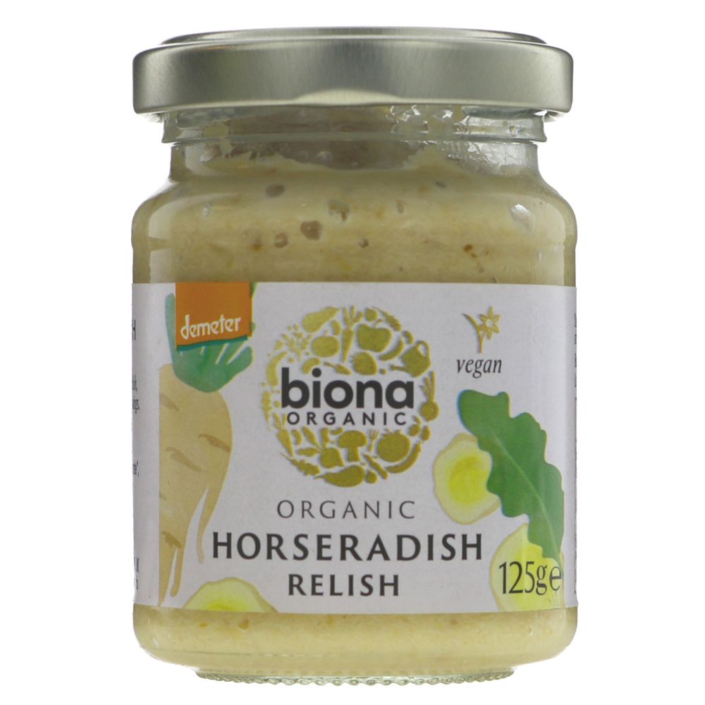 Jar of organic horseradish relish. The perfect accompaniment to your Sunday roast!