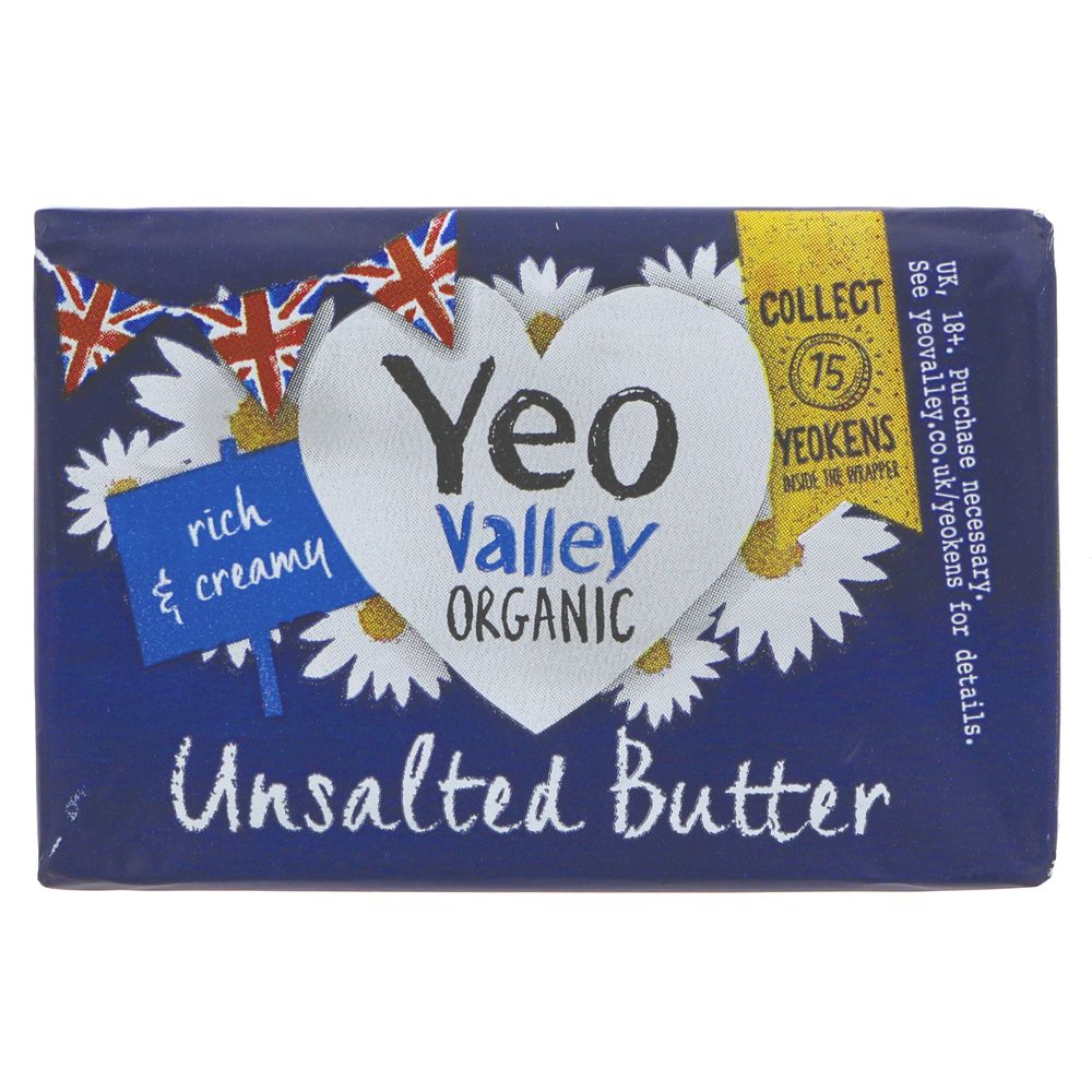 Block of yeo valley organic unsalted butter. blue packaging with white daisies