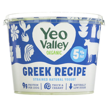 Yeo valley tub of organic greek yoghurt. Blue & white packaging